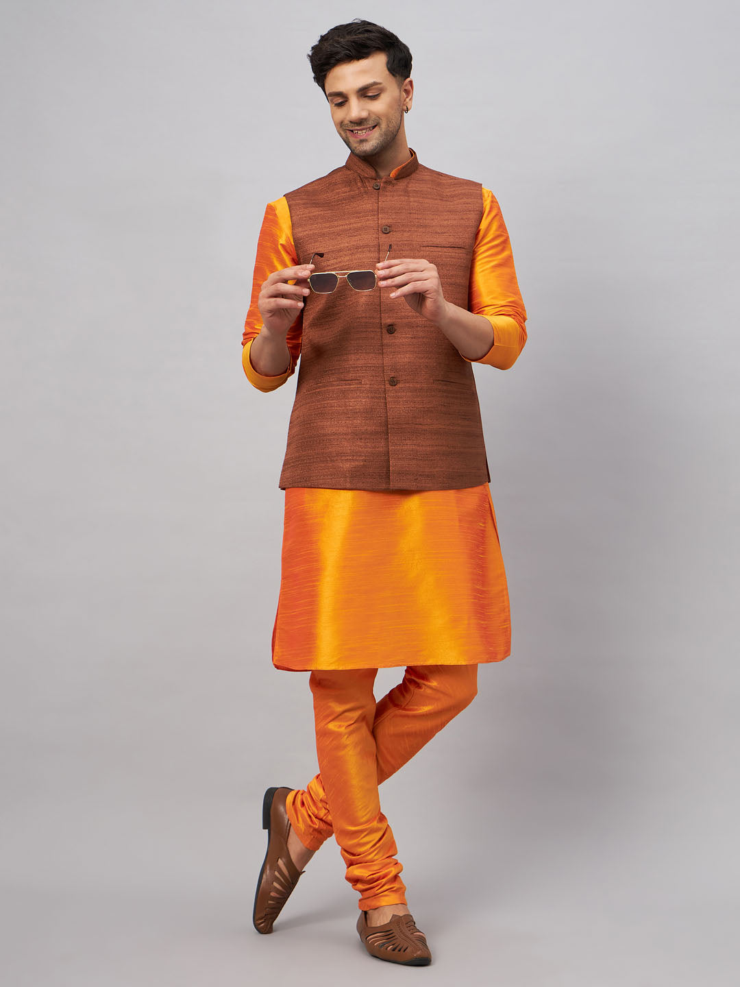 Men's Orange Silk Blend Jacket, Kurta and Pyjama Set