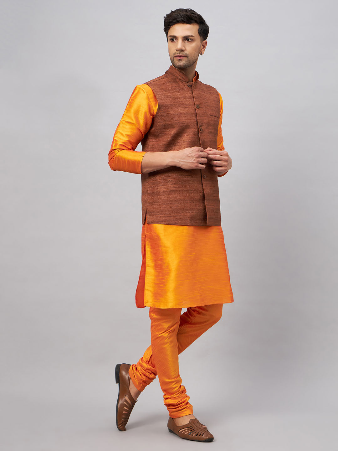 Men's Orange Silk Blend Jacket, Kurta and Pyjama Set