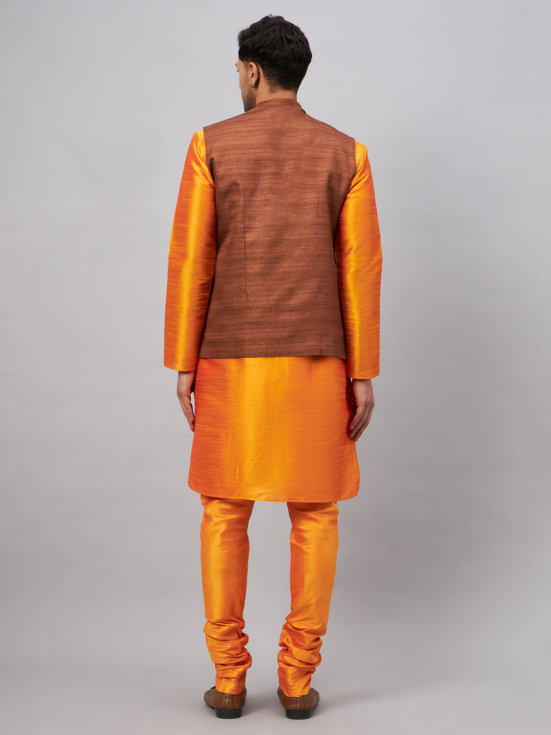 Men's Orange Silk Blend Jacket, Kurta and Pyjama Set