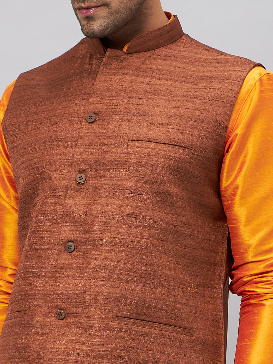 Men's Orange Silk Blend Jacket, Kurta and Pyjama Set