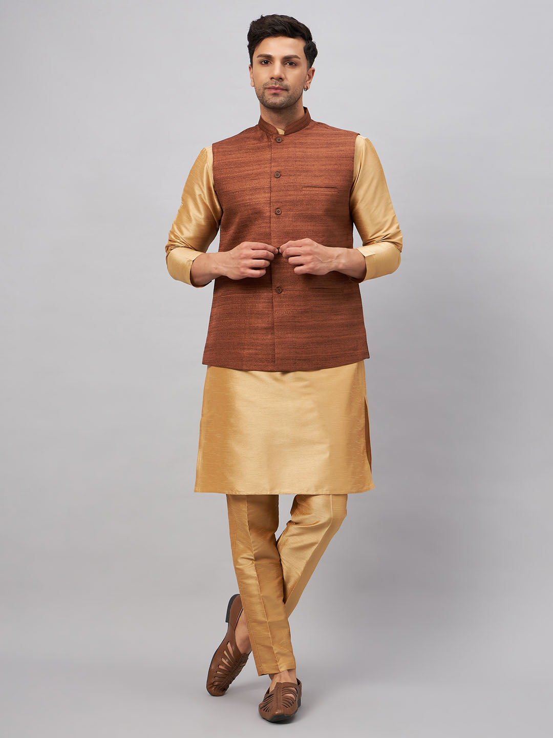 Men's Coffee And Rose Gold Silk Blend Jacket, Kurta and Pyjama Set