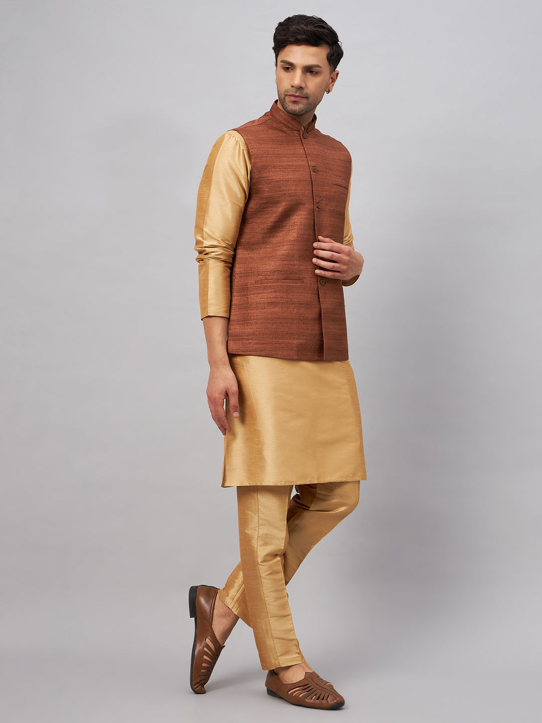 Men's Coffee And Rose Gold Silk Blend Jacket, Kurta and Pyjama Set