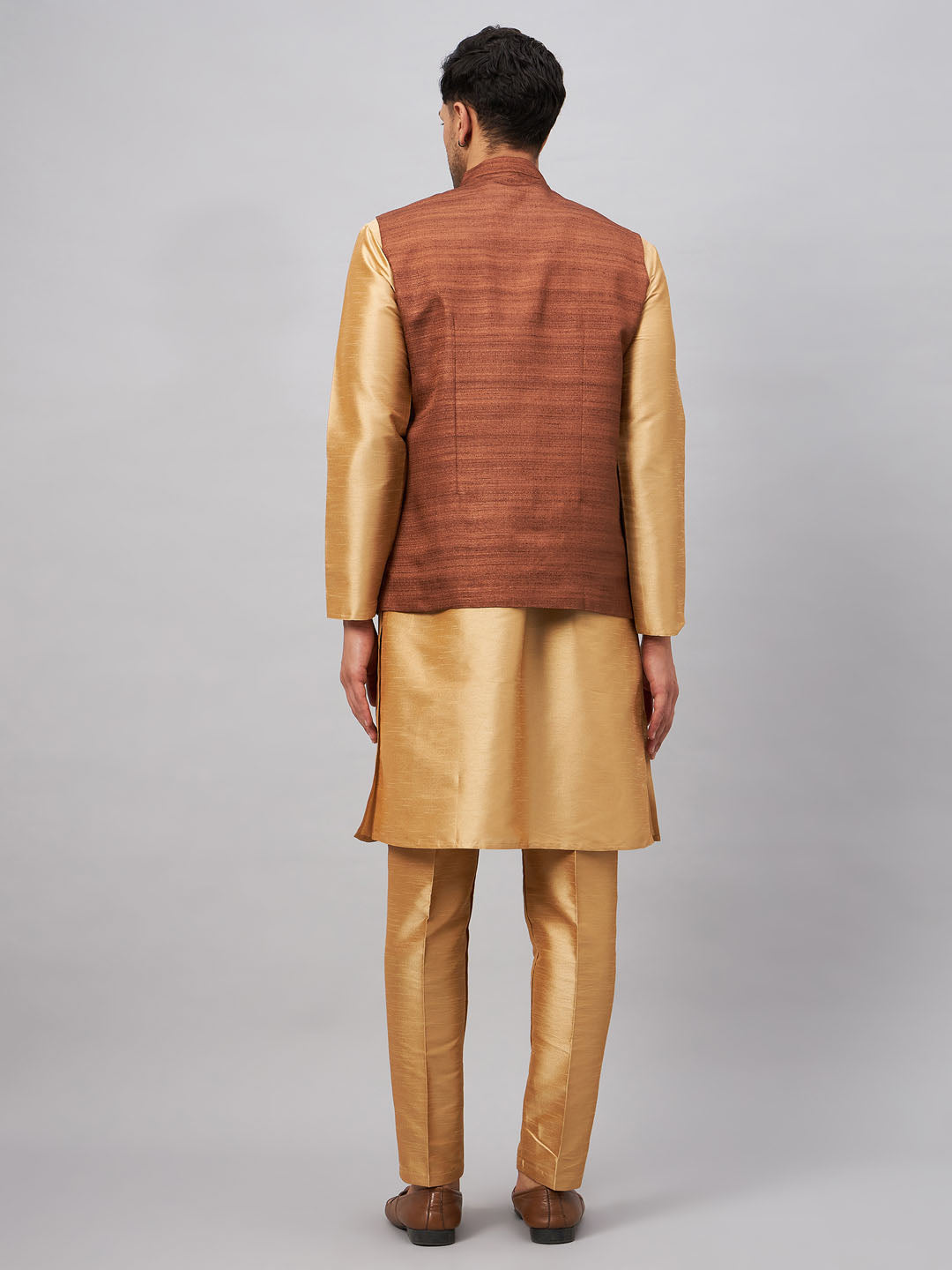 Men's Coffee And Rose Gold Silk Blend Jacket, Kurta and Pyjama Set