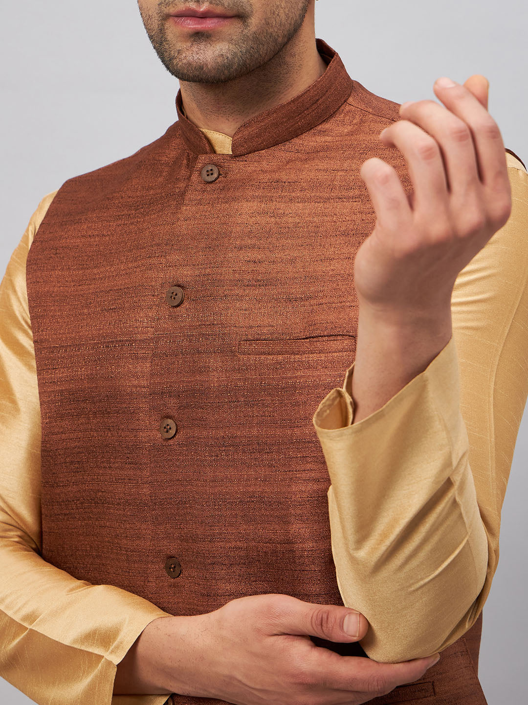 Men's Coffee And Rose Gold Silk Blend Jacket, Kurta and Pyjama Set