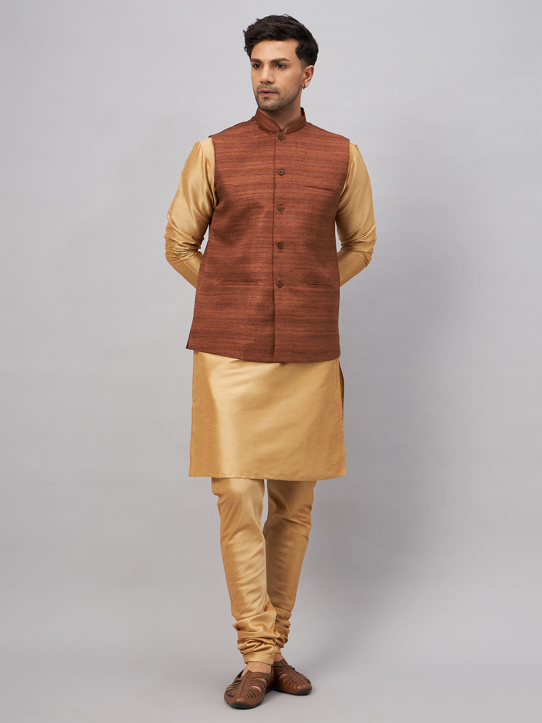 Men's Brown And Rose Gold Silk Blend Jacket, Kurta and Pyjama Set