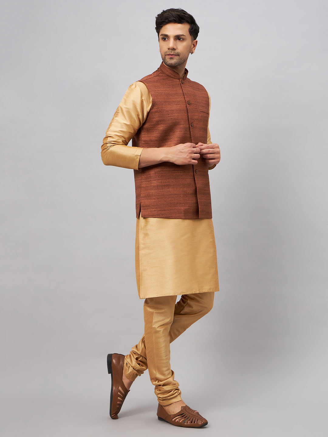 Men's Brown And Rose Gold Silk Blend Jacket, Kurta and Pyjama Set