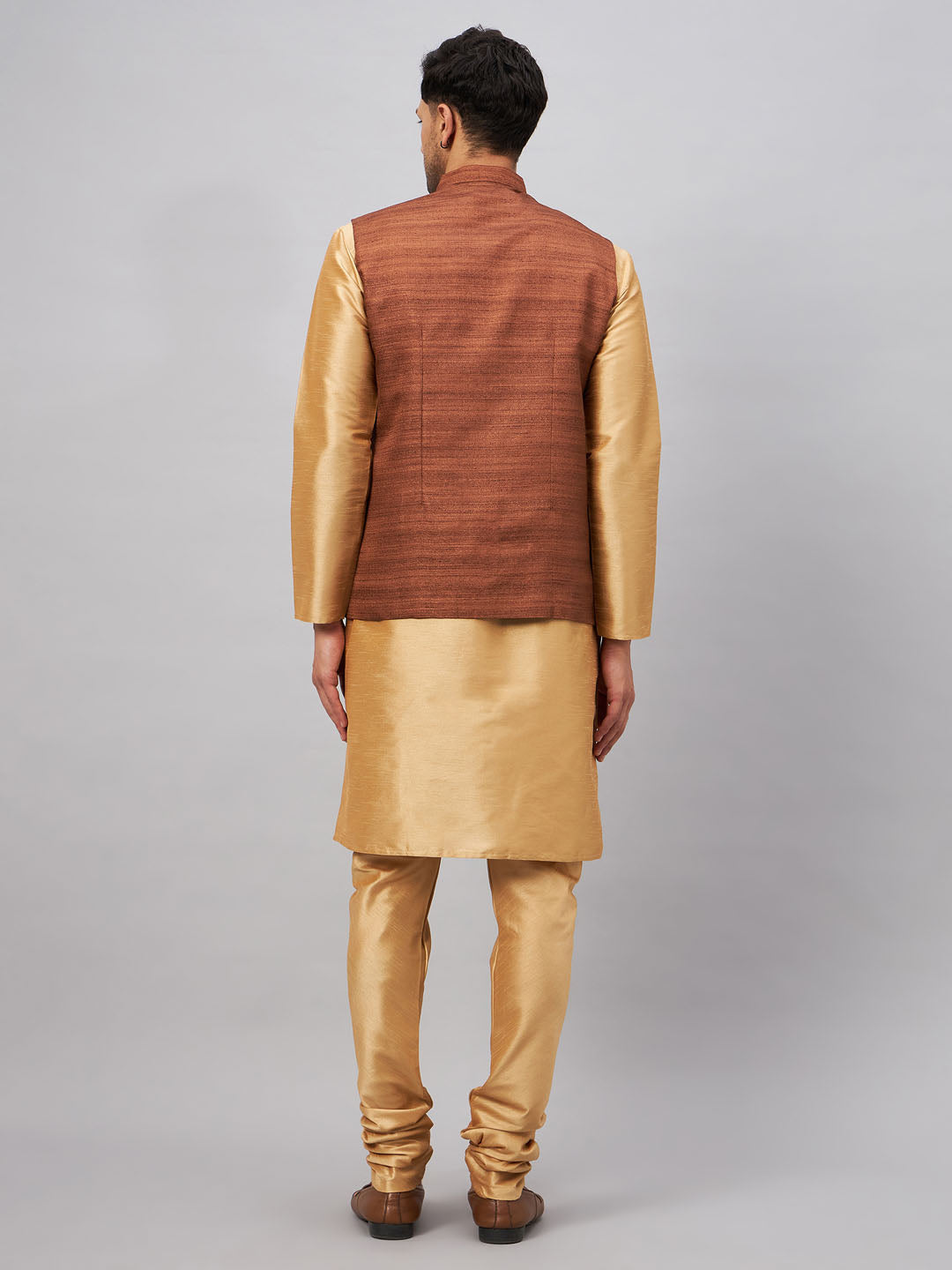 Men's Brown And Rose Gold Silk Blend Jacket, Kurta and Pyjama Set