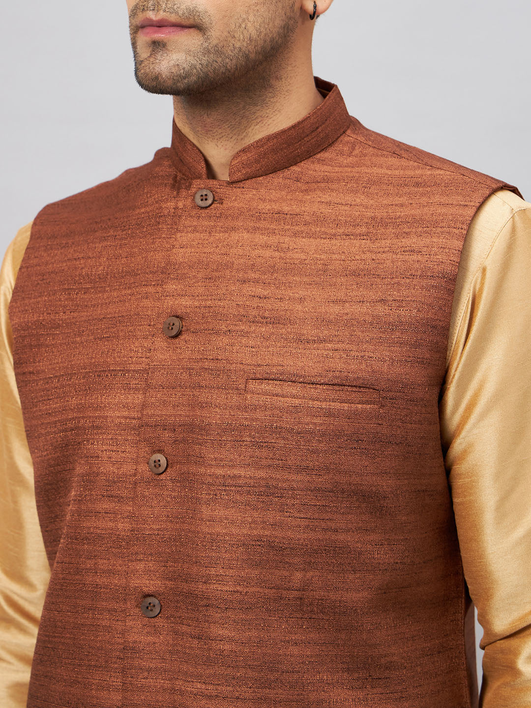 Men's Brown And Rose Gold Silk Blend Jacket, Kurta and Pyjama Set