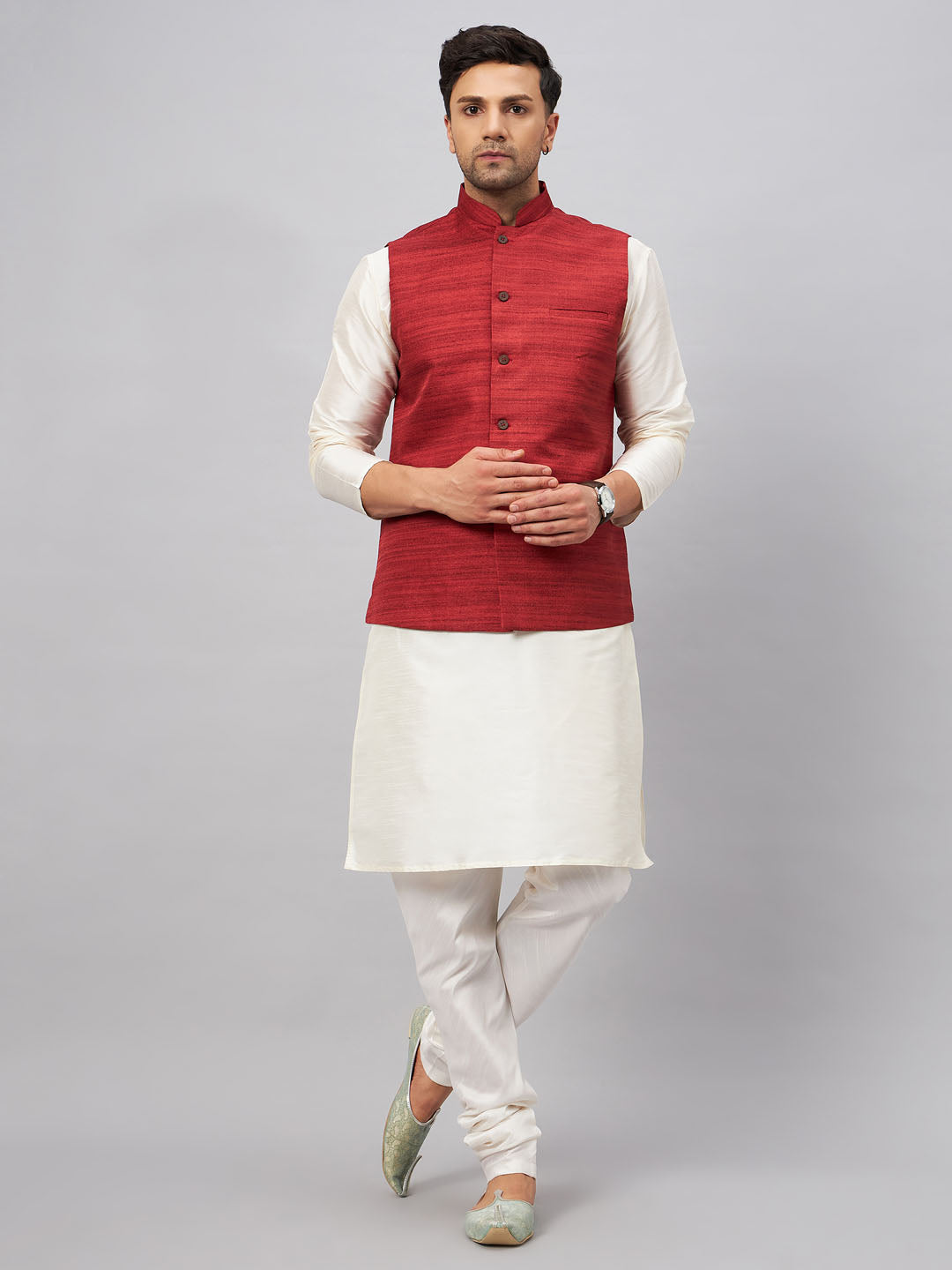 Men's Maroon And Cream Silk Blend Jacket, Kurta and Pyjama Set