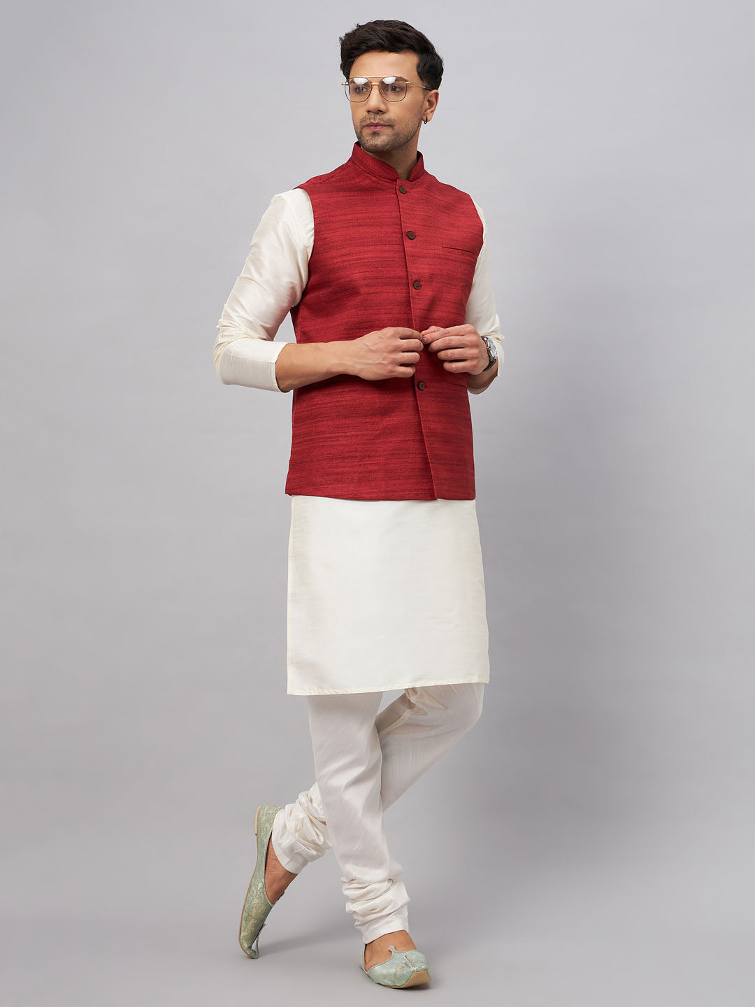 Men's Maroon And Cream Silk Blend Jacket, Kurta and Pyjama Set