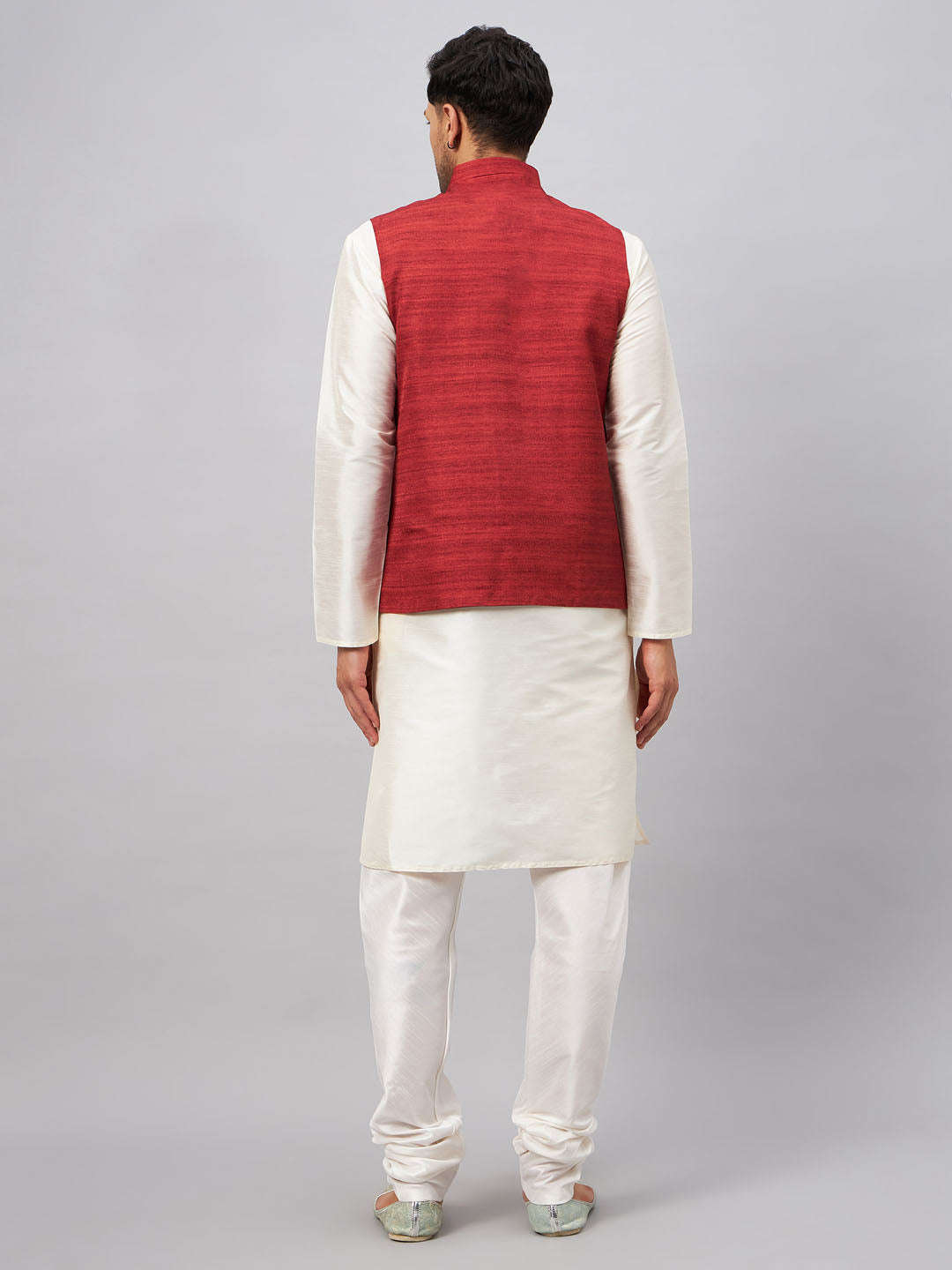 Men's Maroon And Cream Silk Blend Jacket, Kurta and Pyjama Set