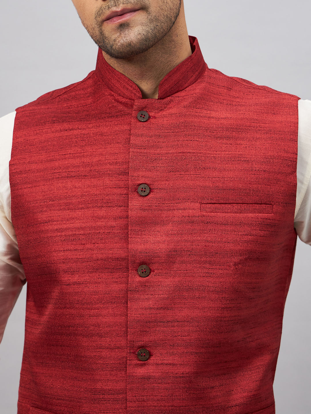 Men's Maroon And Cream Silk Blend Jacket, Kurta and Pyjama Set