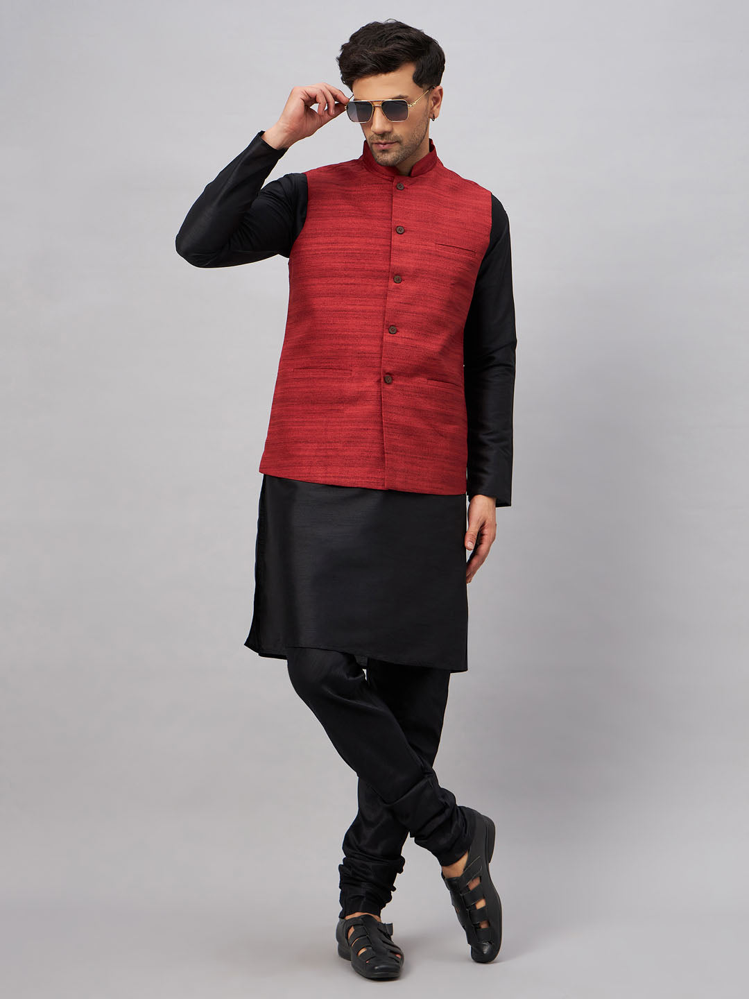 Men's Black And Maroon Silk Blend Jacket, Kurta and Pyjama Set