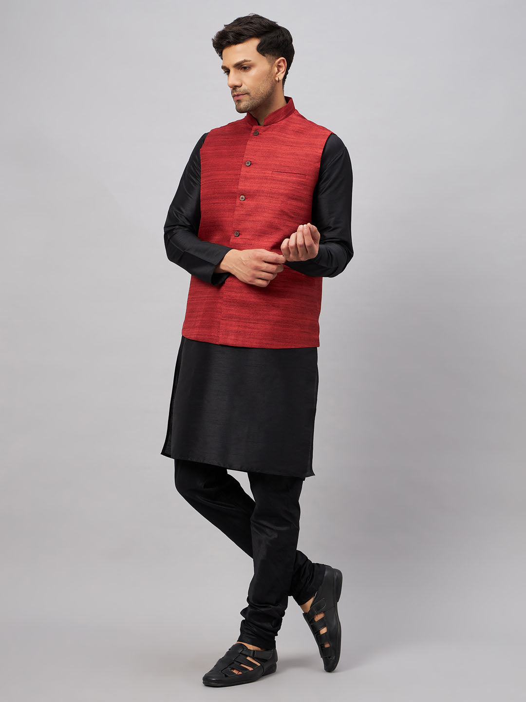 Men's Black And Maroon Silk Blend Jacket, Kurta and Pyjama Set