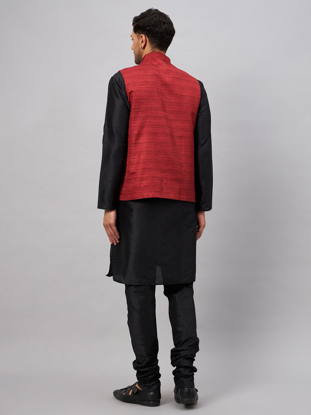 Men's Black And Maroon Silk Blend Jacket, Kurta and Pyjama Set