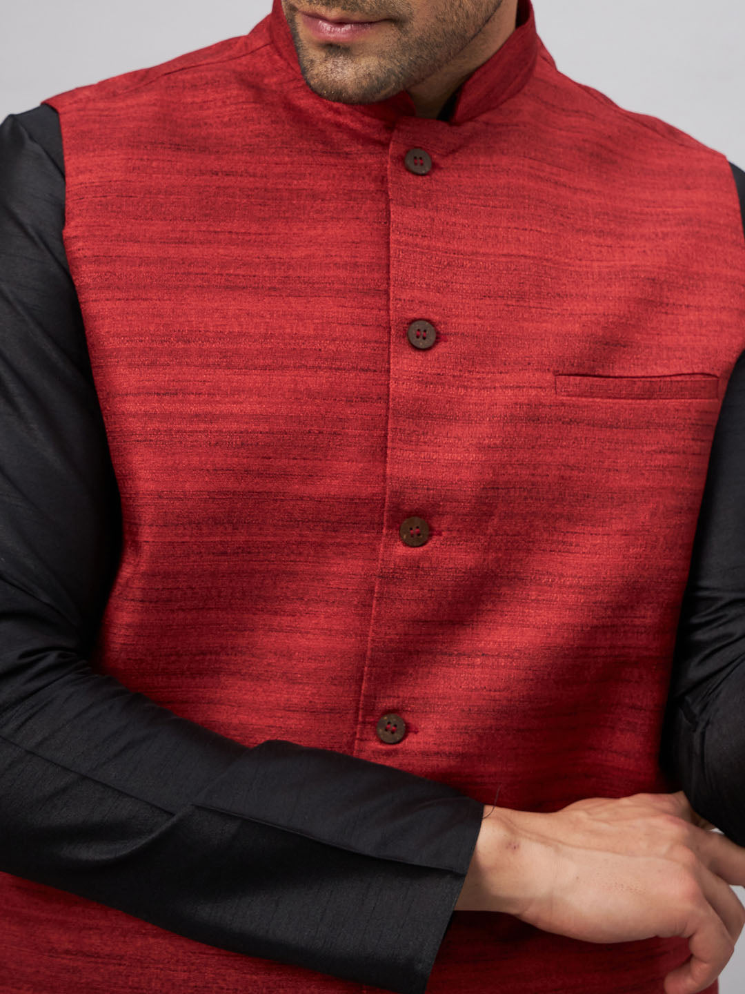 Men's Black And Maroon Silk Blend Jacket, Kurta and Pyjama Set