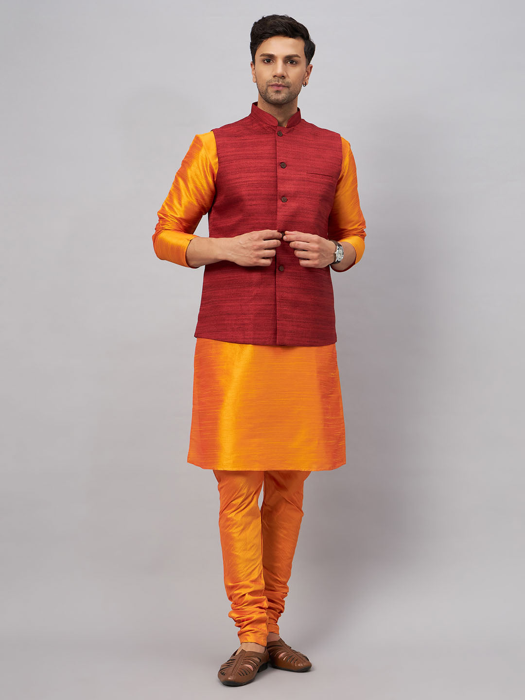 Men's Orange And Maroon Silk Blend Jacket, Kurta and Pyjama Set