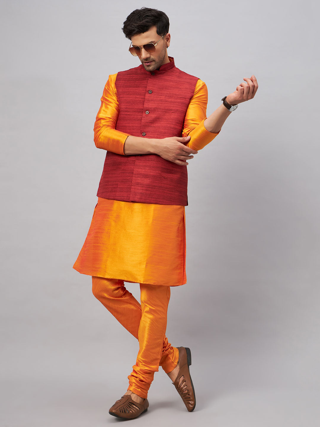 Men's Orange And Maroon Silk Blend Jacket, Kurta and Pyjama Set