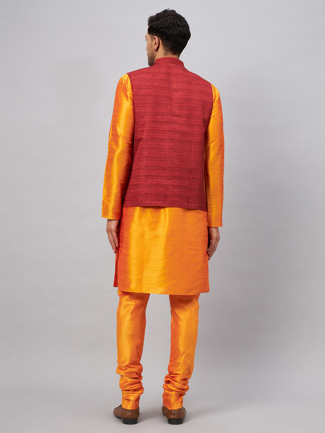 Men's Orange And Maroon Silk Blend Jacket, Kurta and Pyjama Set