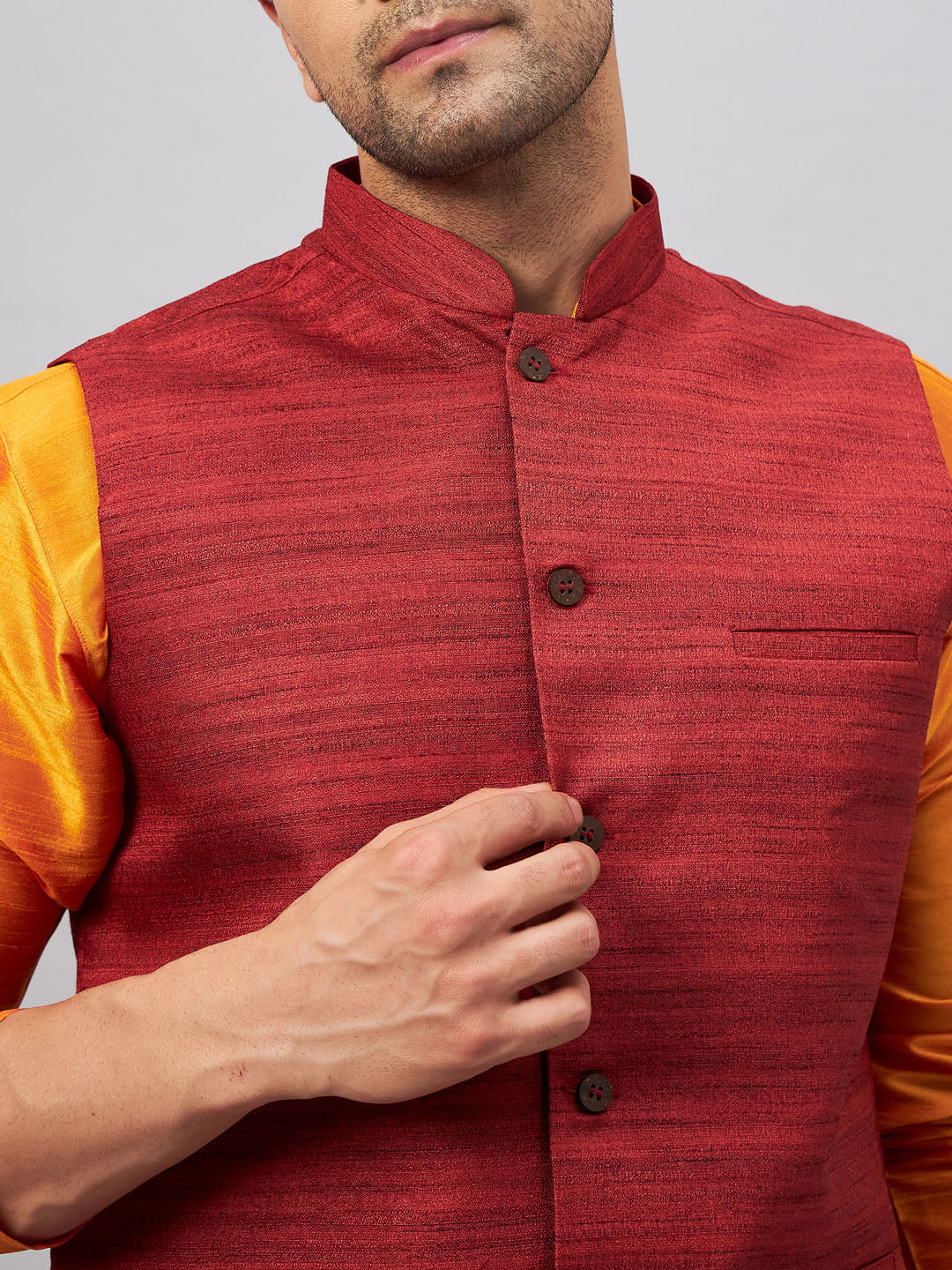 Men's Orange And Maroon Silk Blend Jacket, Kurta and Pyjama Set