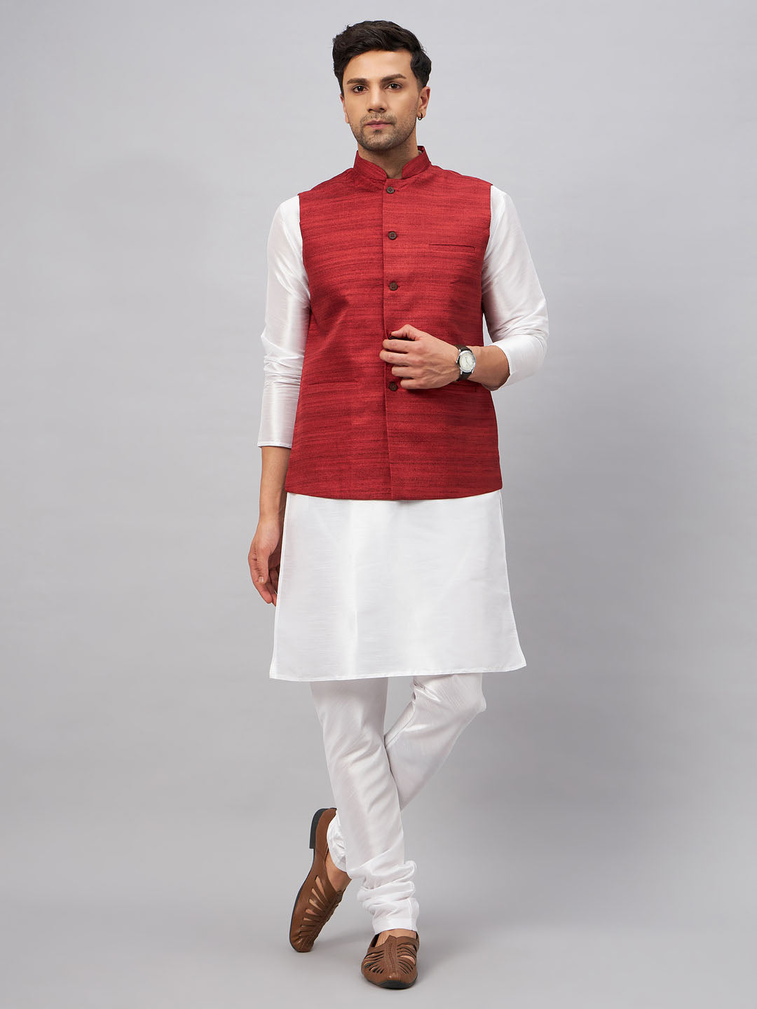 Men's Maroon And White Silk Blend Jacket, Kurta and Pyjama Set