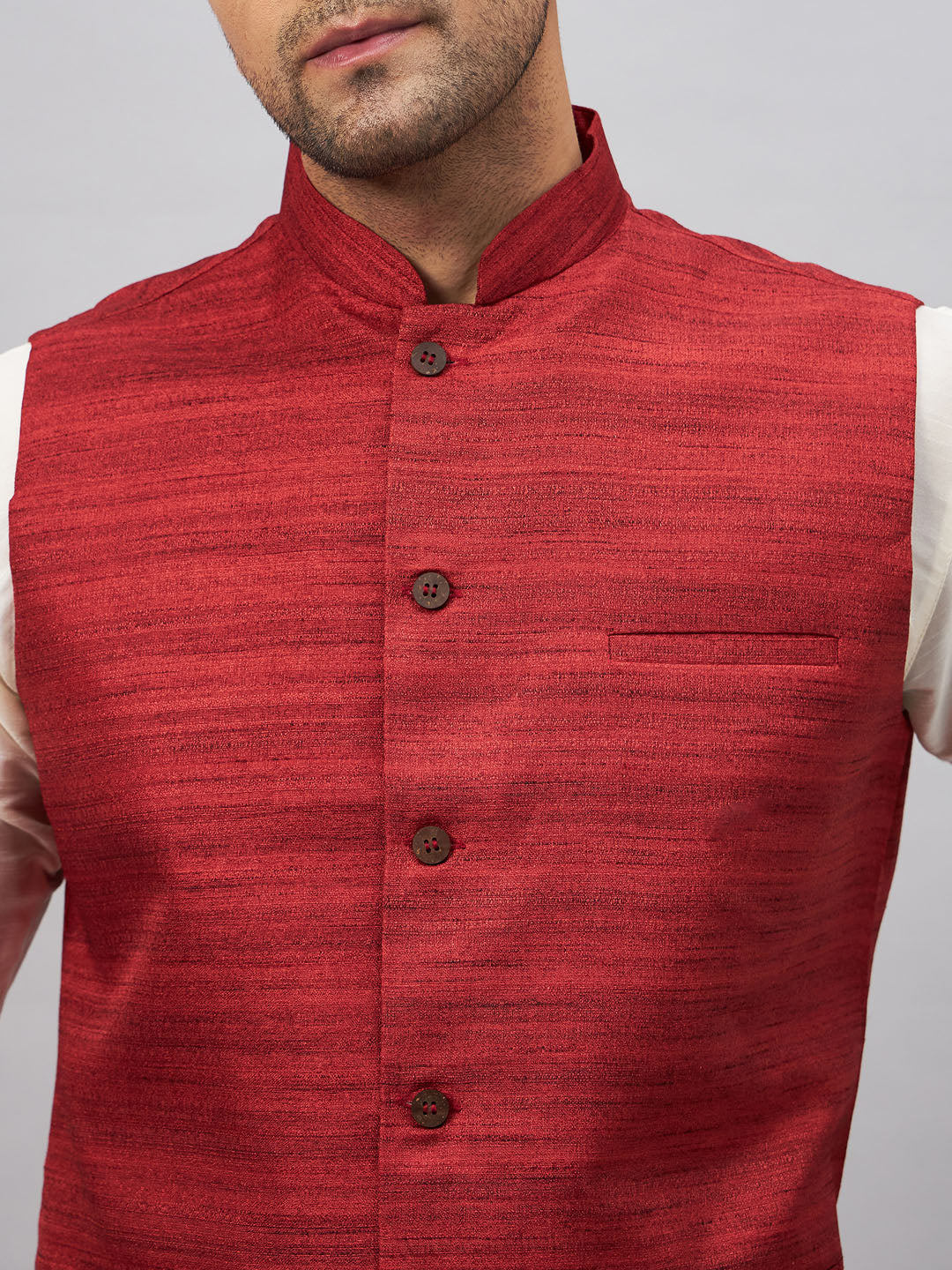 Men's Maroon And White Silk Blend Jacket, Kurta and Pyjama Set