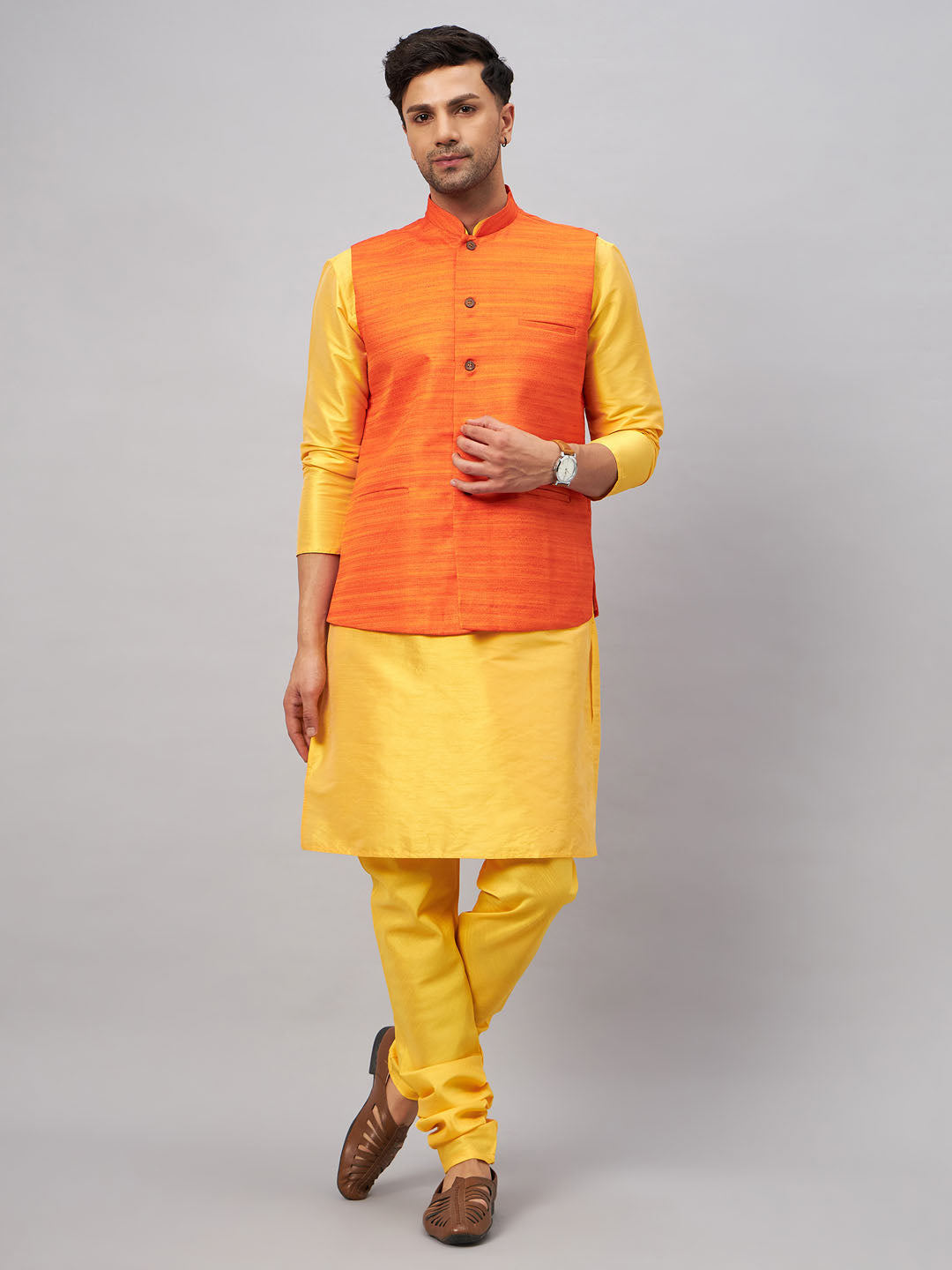 Men's Yellow And Orange Silk Blend Jacket, Kurta and Pyjama Set