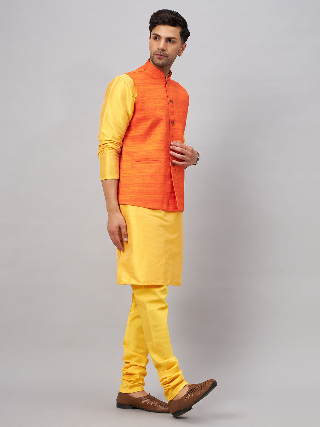 Men's Yellow And Orange Silk Blend Jacket, Kurta and Pyjama Set