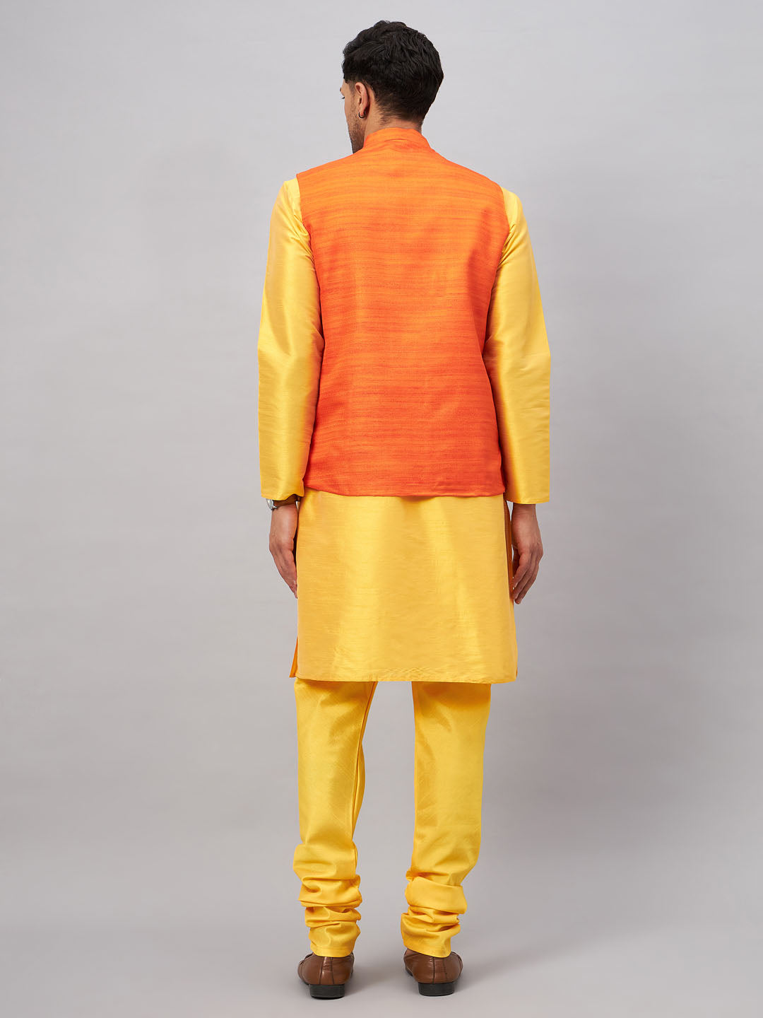 Men's Yellow And Orange Silk Blend Jacket, Kurta and Pyjama Set