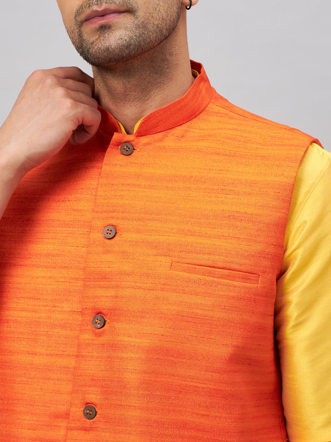 Men's Yellow And Orange Silk Blend Jacket, Kurta and Pyjama Set