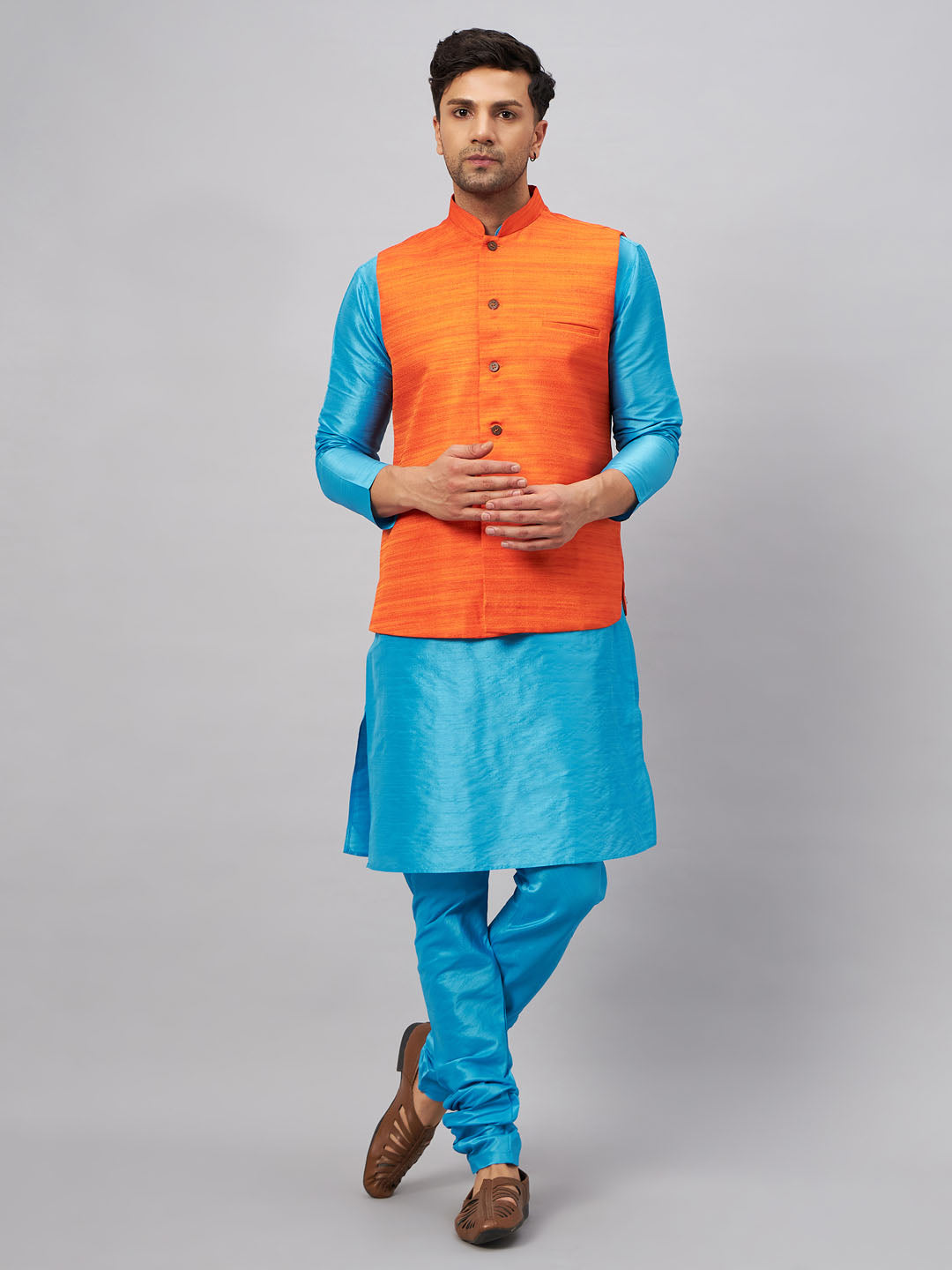 Men's Aqua And Orange Silk Blend Jacket, Kurta and Pyjama Set