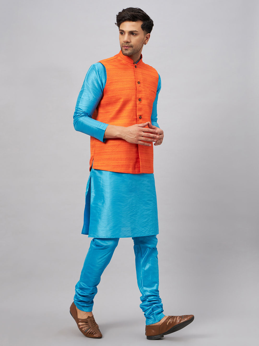 Men's Aqua And Orange Silk Blend Jacket, Kurta and Pyjama Set