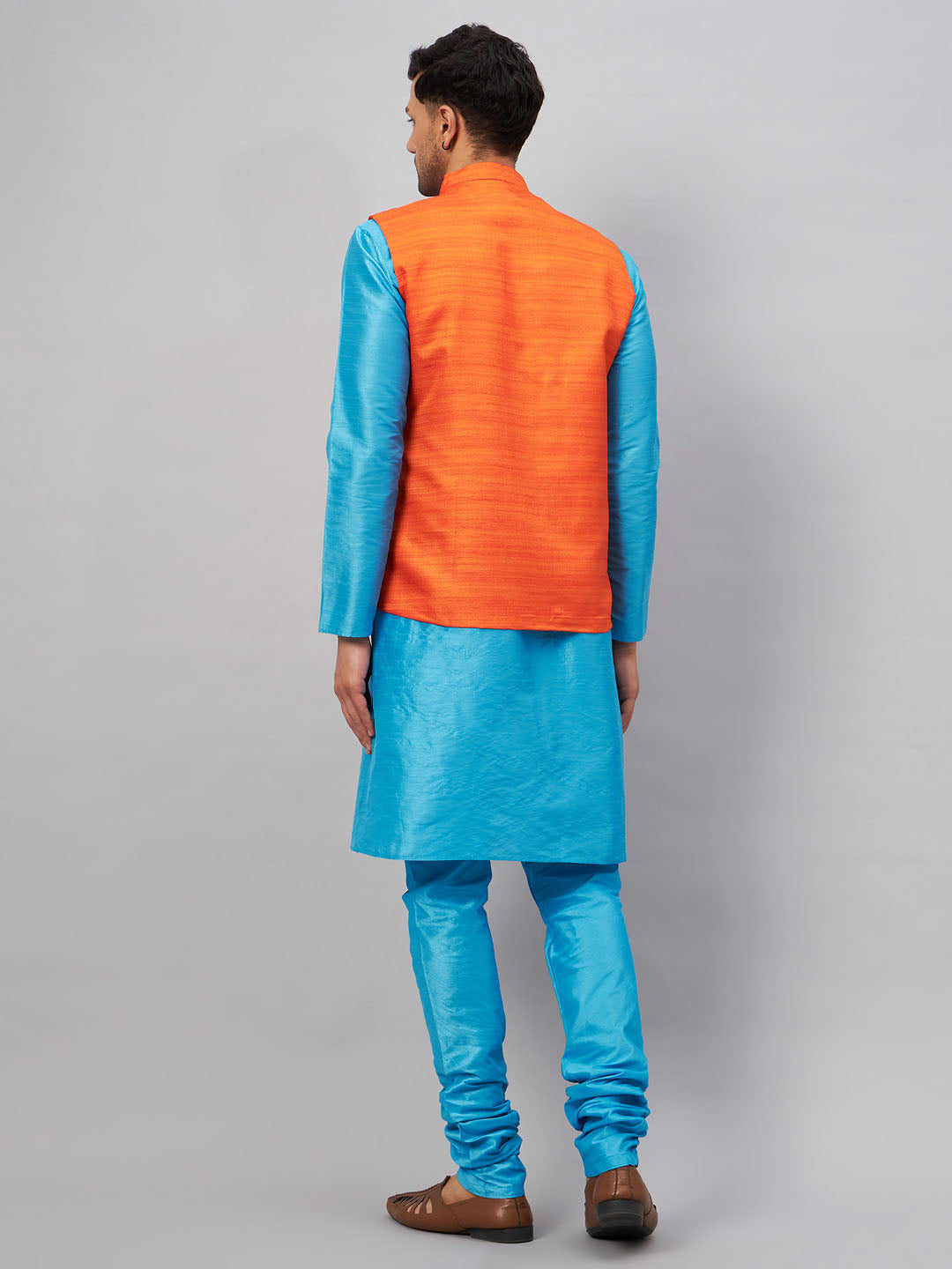 Men's Aqua And Orange Silk Blend Jacket, Kurta and Pyjama Set