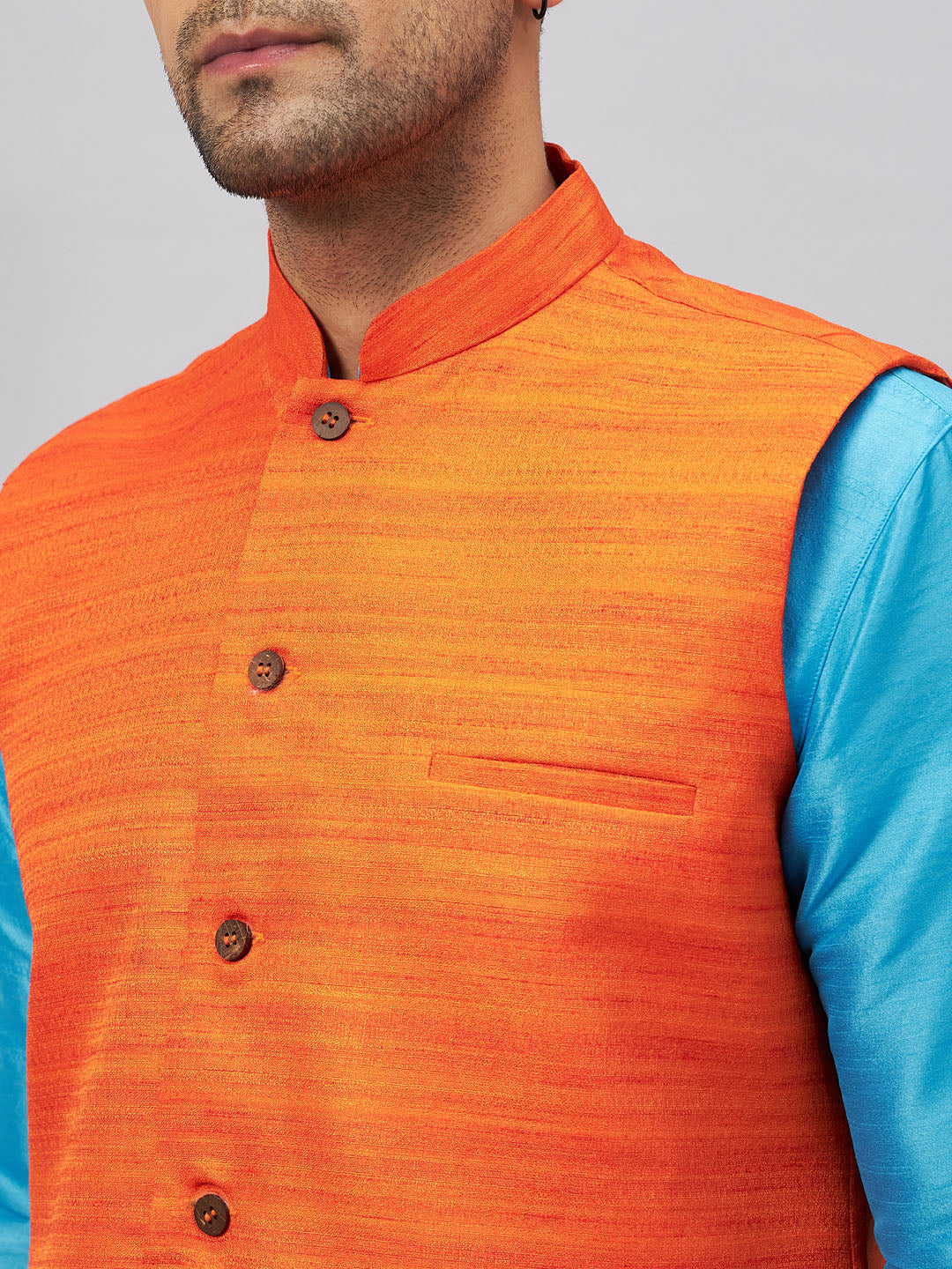 Men's Aqua And Orange Silk Blend Jacket, Kurta and Pyjama Set