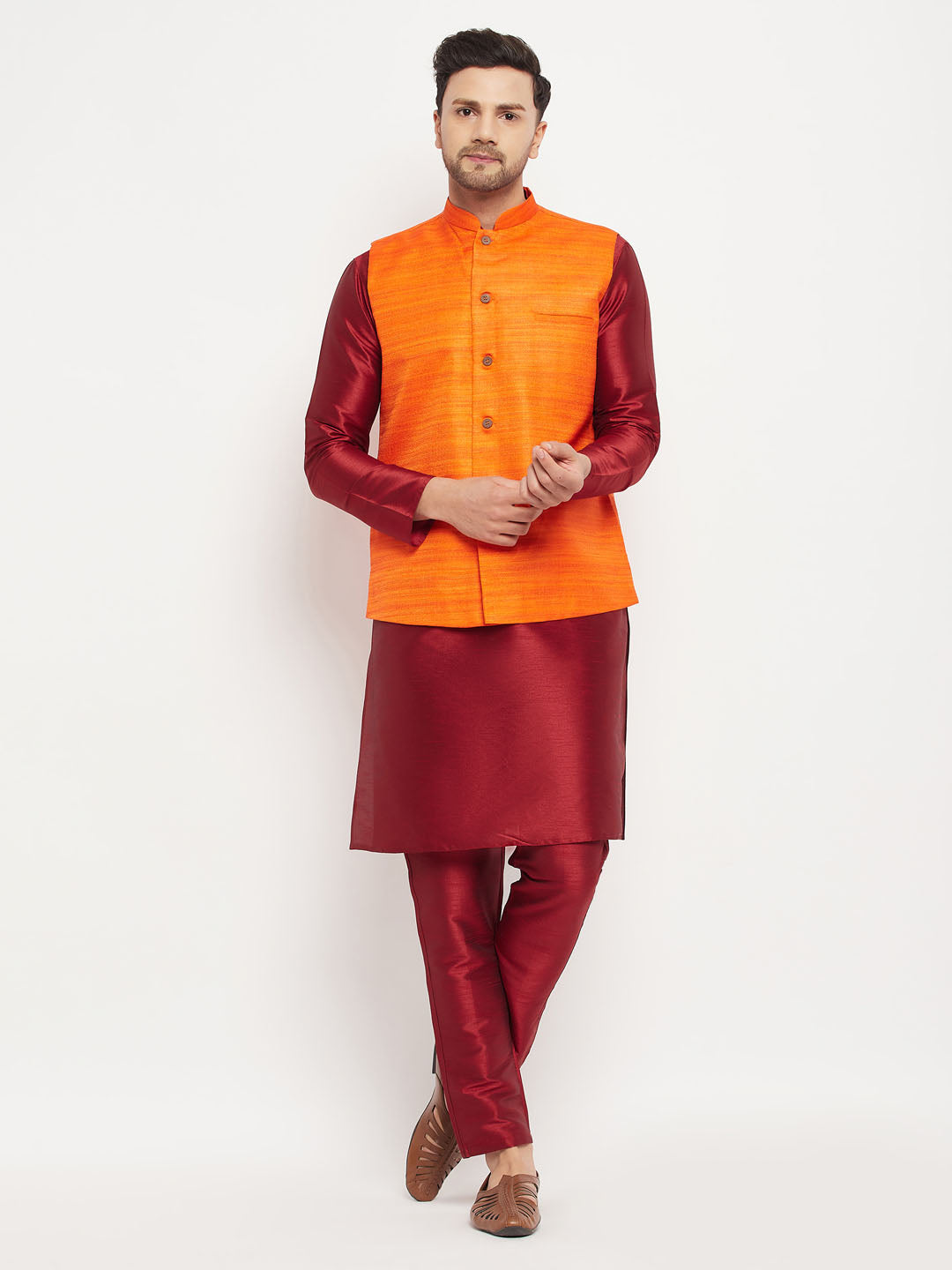 Men's Orange And Maroon Silk Blend Jacket, Kurta and Pyjama Set