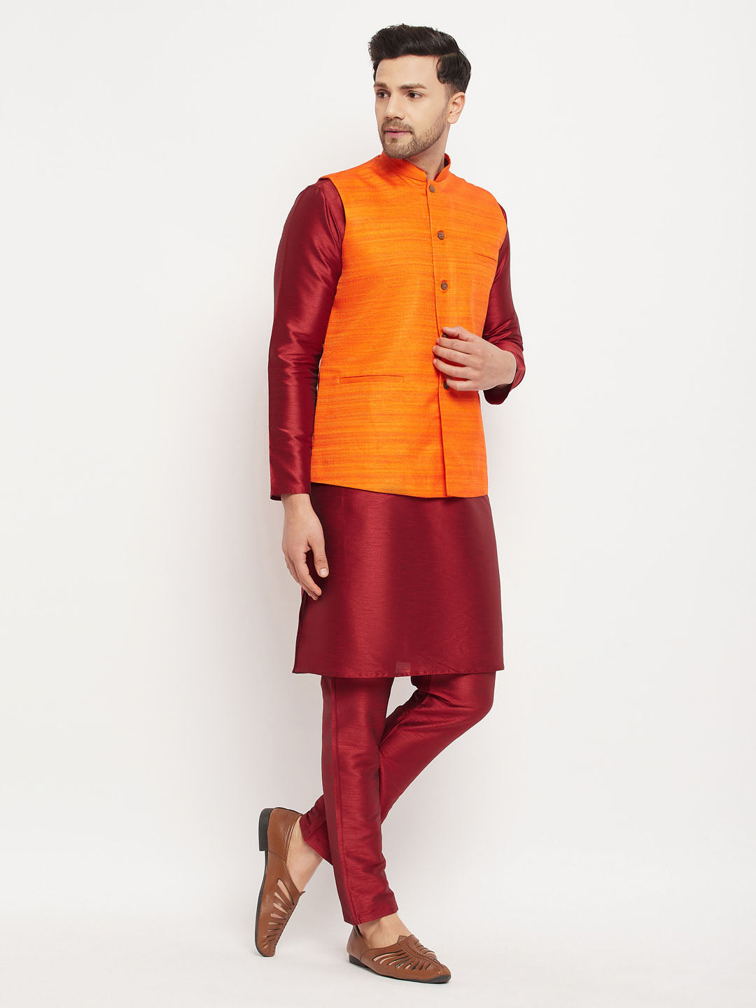 Men's Orange And Maroon Silk Blend Jacket, Kurta and Pyjama Set