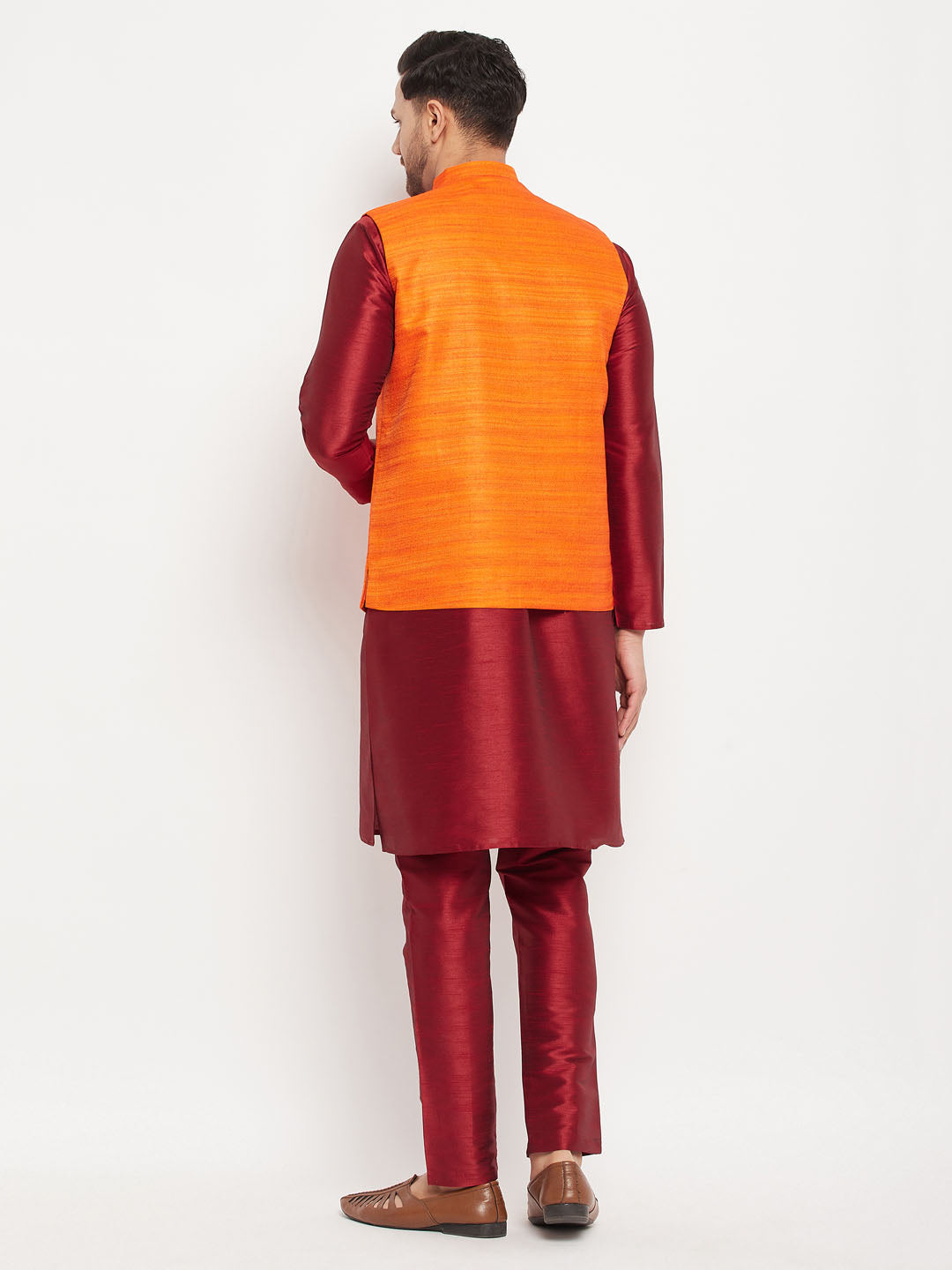 Men's Orange And Maroon Silk Blend Jacket, Kurta and Pyjama Set