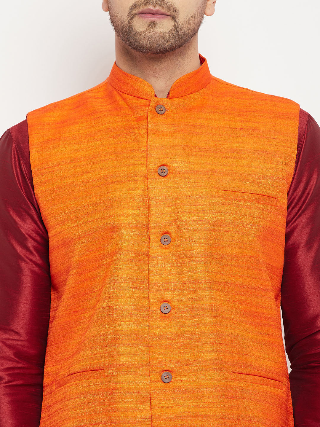 Men's Orange And Maroon Silk Blend Jacket, Kurta and Pyjama Set