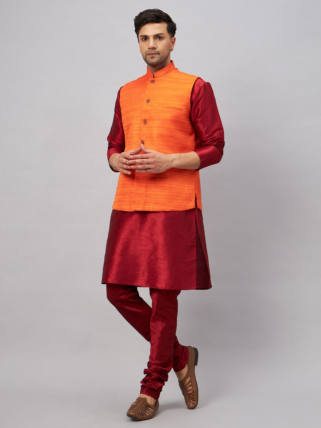 Men's Maroon And Orange Silk Blend Jacket, Kurta and Pyjama Set