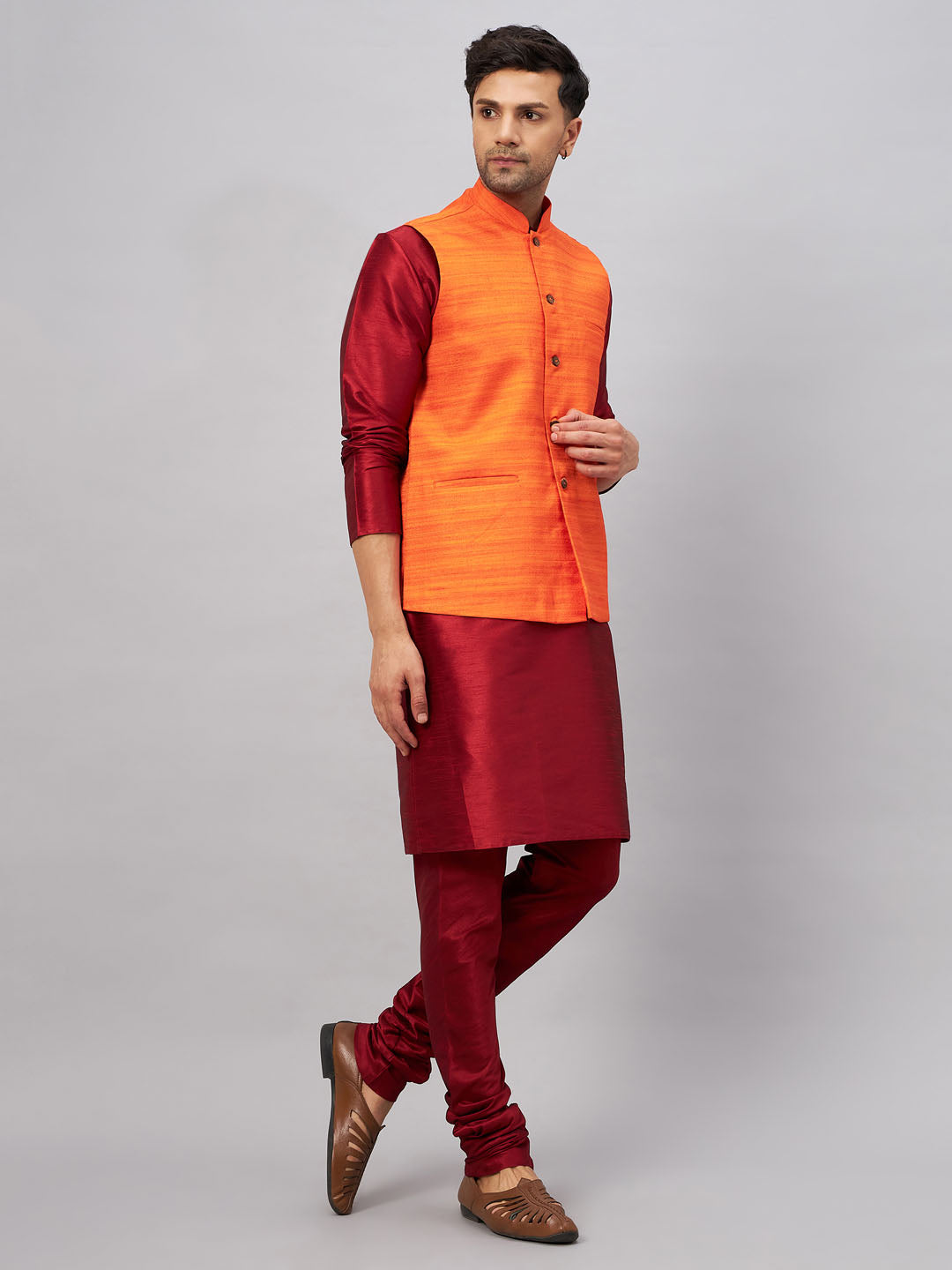 Men's Maroon And Orange Silk Blend Jacket, Kurta and Pyjama Set