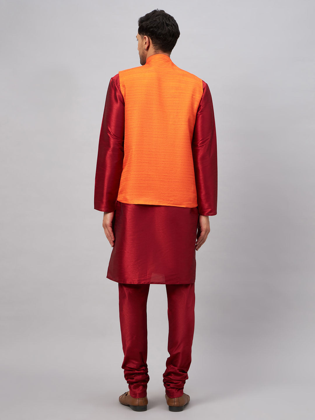 Men's Maroon And Orange Silk Blend Jacket, Kurta and Pyjama Set