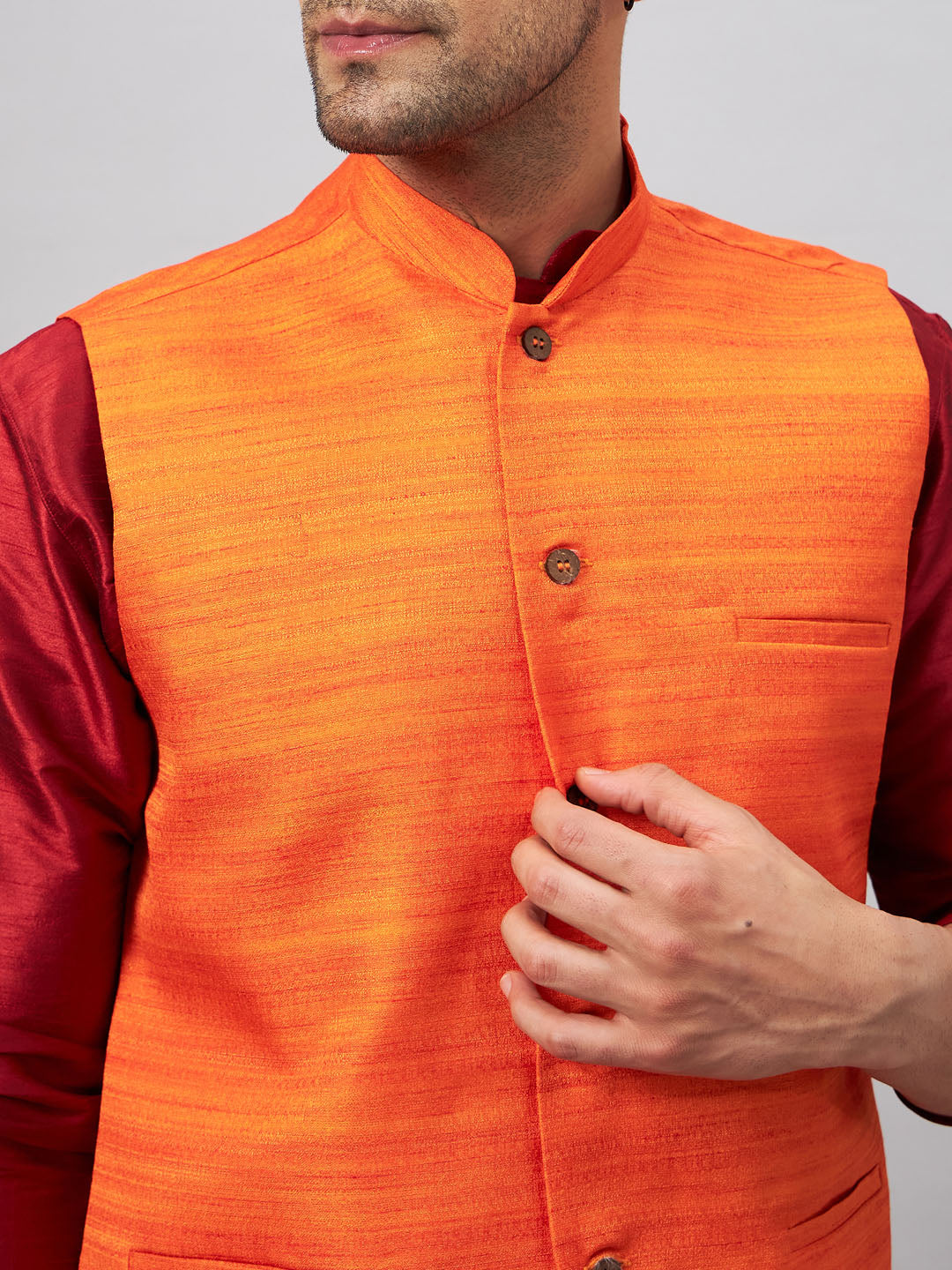 Men's Maroon And Orange Silk Blend Jacket, Kurta and Pyjama Set