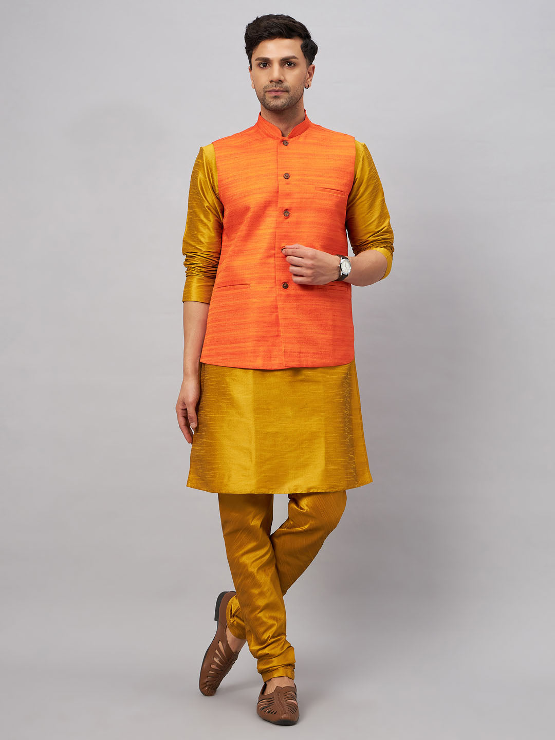 Men's Mustard And Orange Silk Blend Jacket, Kurta and Pyjama Set