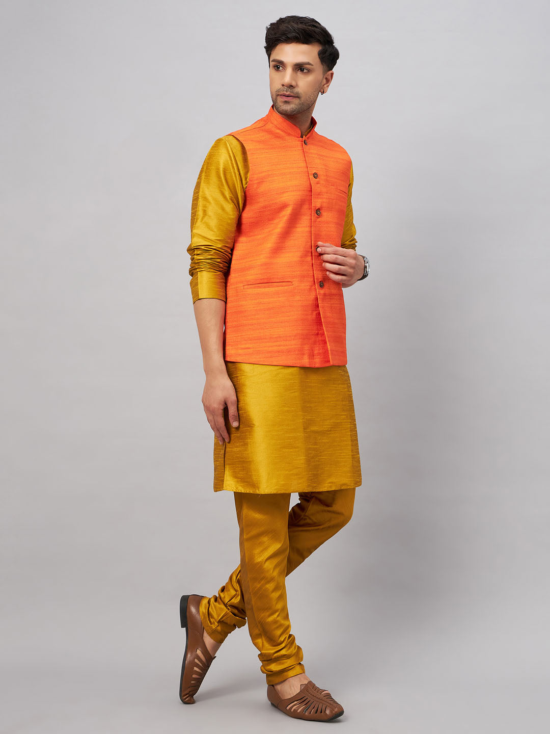 Men's Mustard And Orange Silk Blend Jacket, Kurta and Pyjama Set