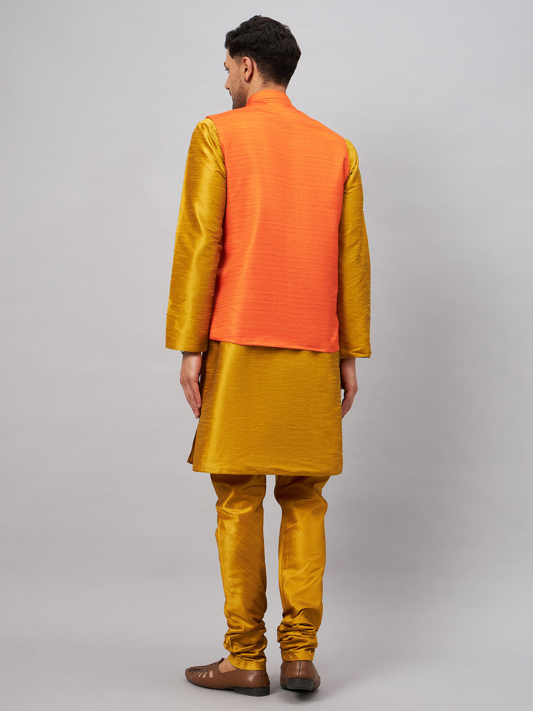 Men's Mustard And Orange Silk Blend Jacket, Kurta and Pyjama Set