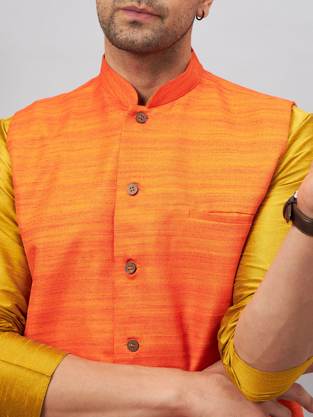 Men's Mustard And Orange Silk Blend Jacket, Kurta and Pyjama Set