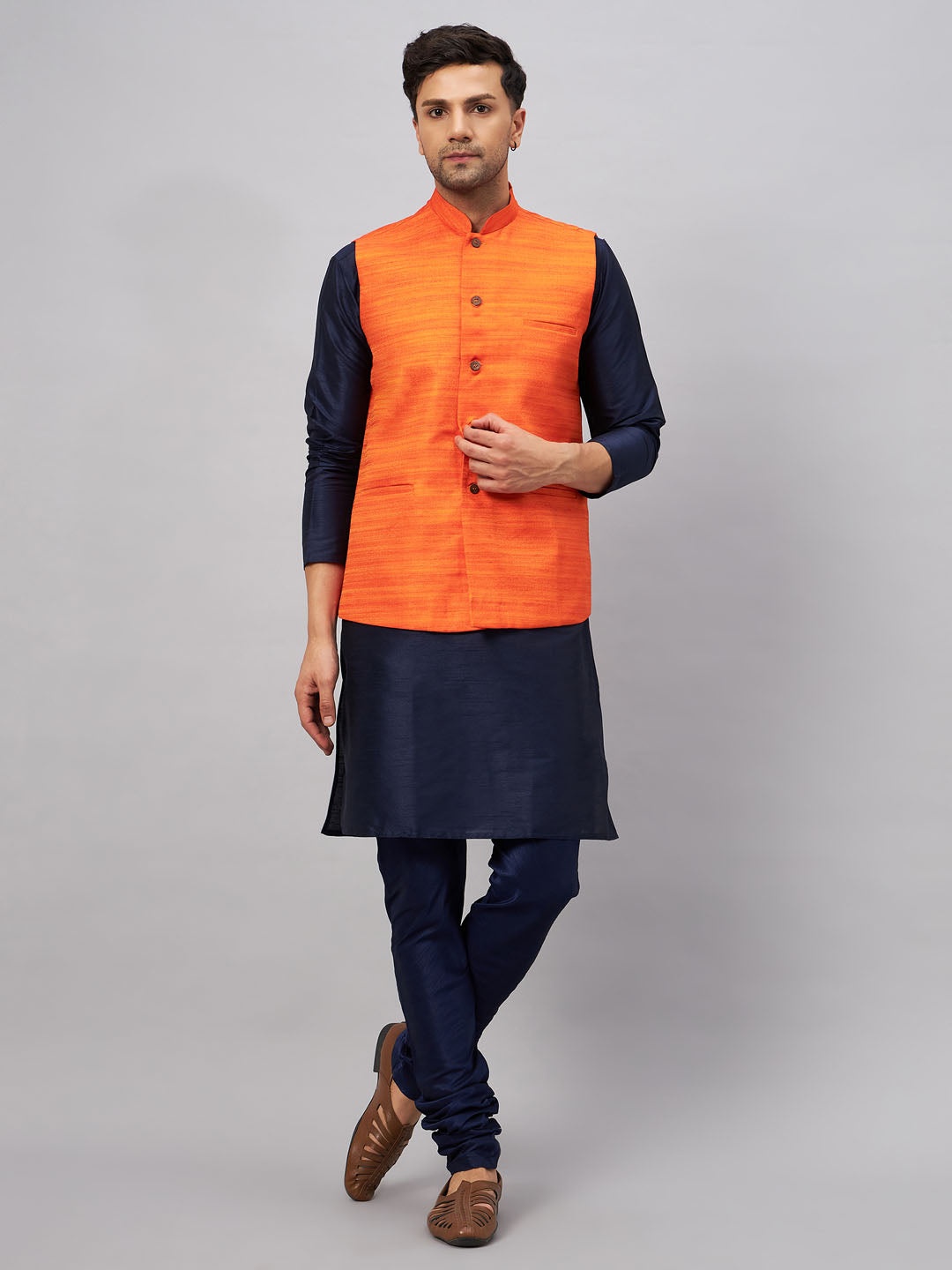 Men's Navy Blue And Orange Silk Blend Jacket, Kurta and Pyjama Set