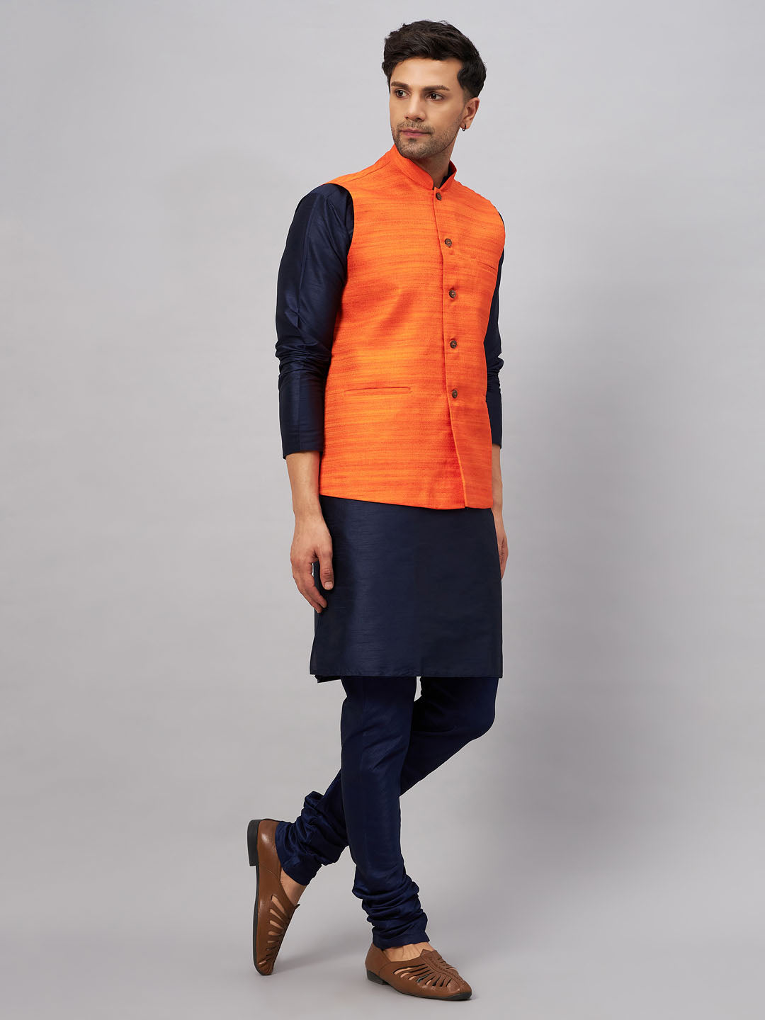 Men's Navy Blue And Orange Silk Blend Jacket, Kurta and Pyjama Set