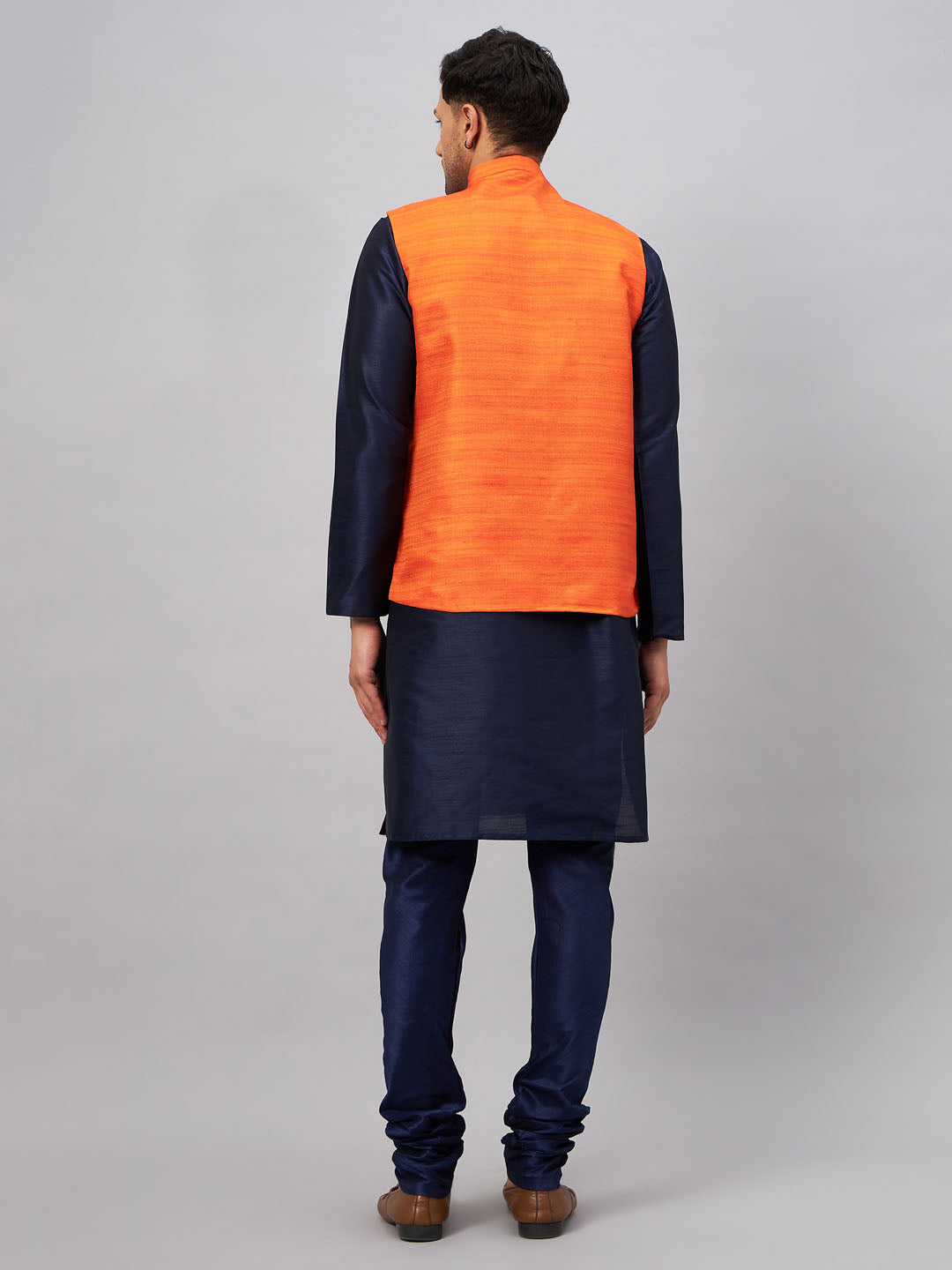 Men's Navy Blue And Orange Silk Blend Jacket, Kurta and Pyjama Set