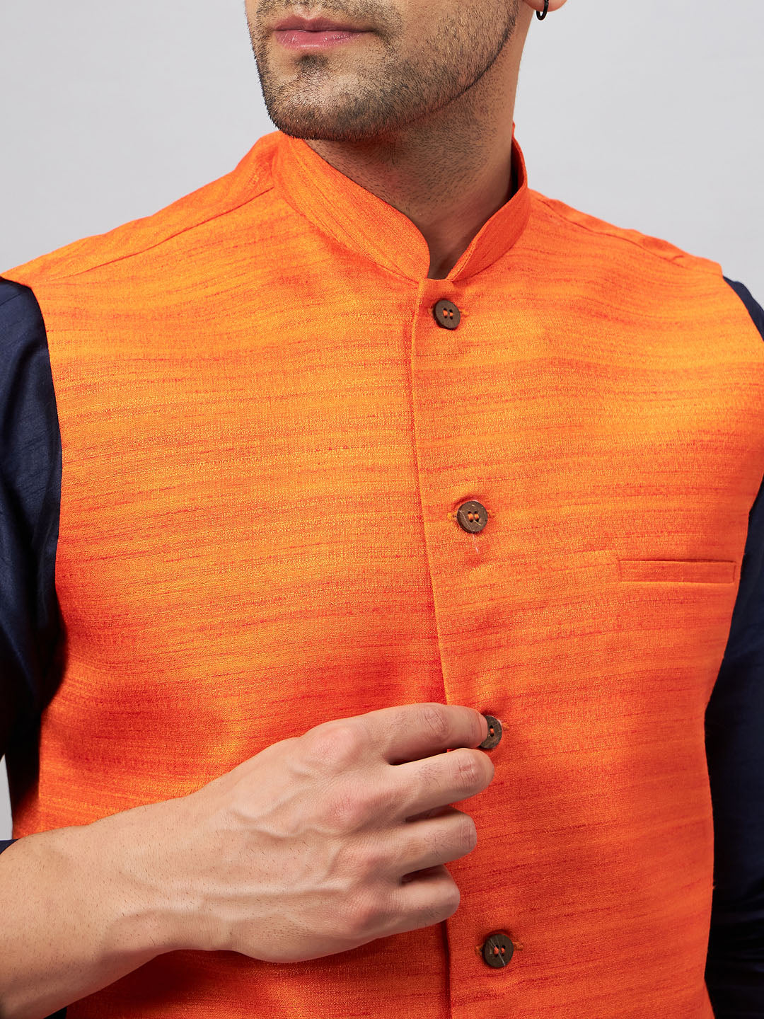 Men's Navy Blue And Orange Silk Blend Jacket, Kurta and Pyjama Set